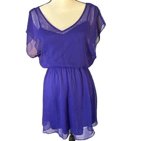 Express Purple Sheer Dress Slip Size Small Short Sleeve V-Neck Tunic - Picture 1 of 6
